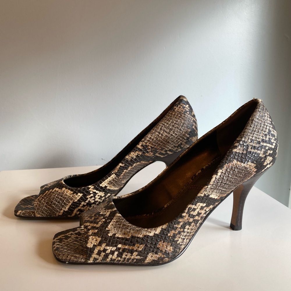 Tahari Riddle Snake Print Peep-Toe + Square Toe Heels